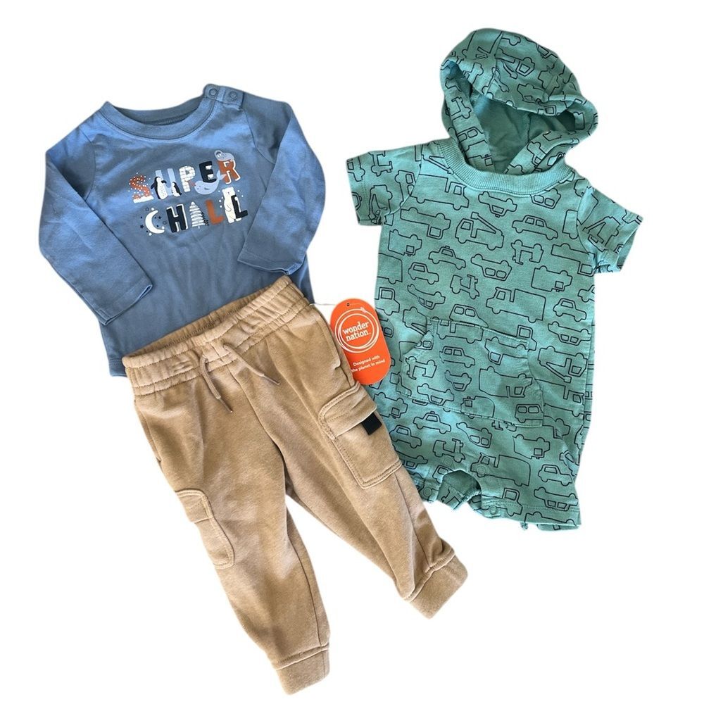 Baby boy clothes bundle size 12 months, bodysuit, pants, romper snap suit